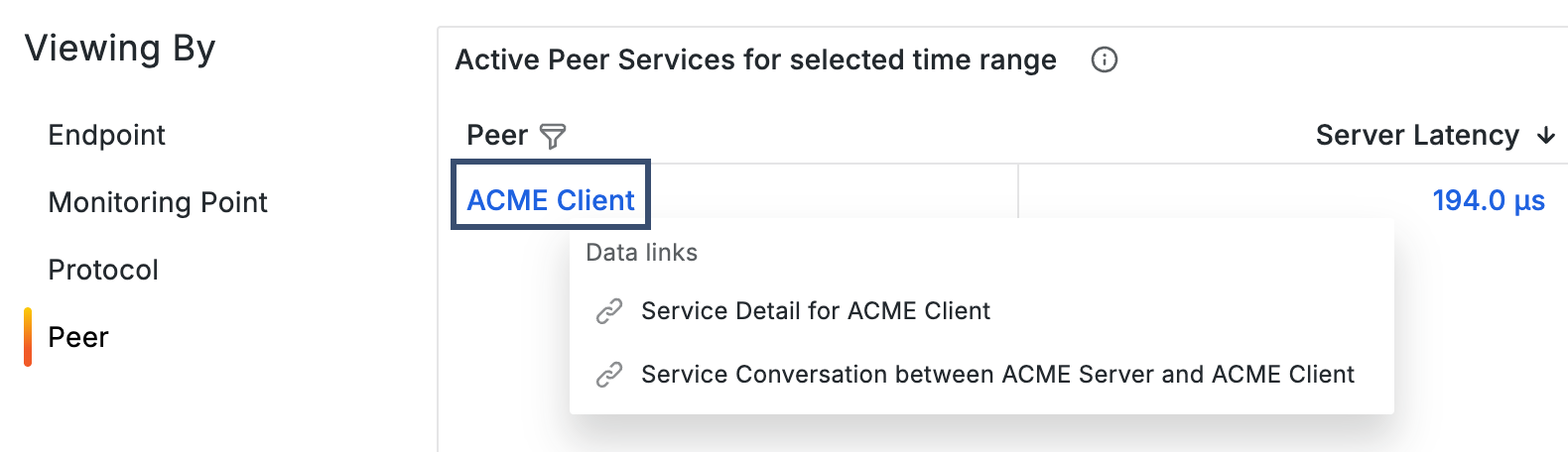 Peer link showing available navigation options.